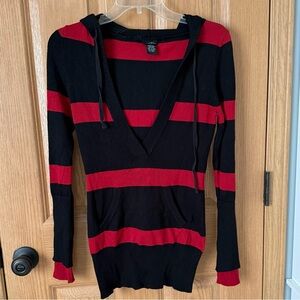 Rue21 Black and Red Striped V-Neck Hooded Sweater
